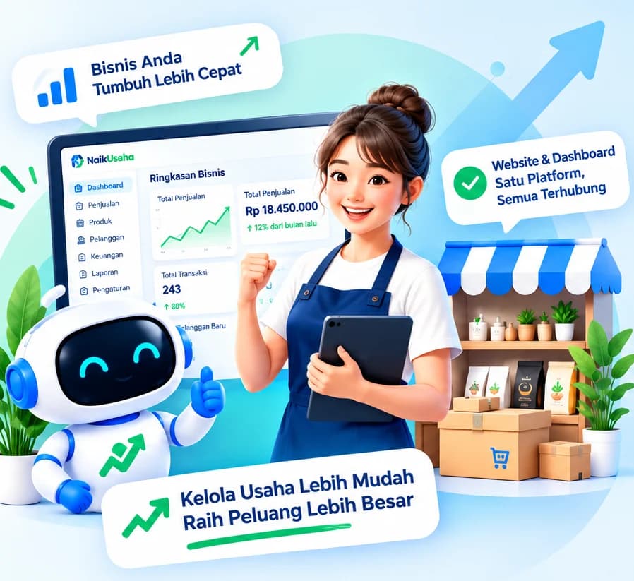 Ilustrasi pemilik usaha bersama asisten AI NaikUsaha, dashboard ringkasan bisnis, dan lapak dagangannya.